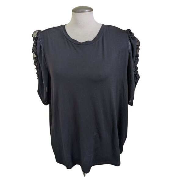 Philosophy Woman NEW Plus 2X Top Blouse Black Ruffle Sheer Short Sleeve Stretch - Picture 1 of 8